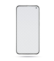 Frameless smartphone isolated on white background. Mobile phone with blank transparent screen. Vector illustration