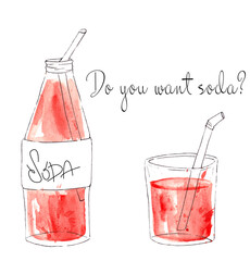 Watercolor bottle and  glass of juice, soda, orange juice, grapefruit juice isolated on white background