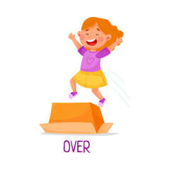 Little Red Haired Girl Jumping with Joy Over Carton Box as Preposition of Place Vector Illustration