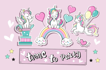 Set of fashion patch badges with unicorn for birthday. Unicorn on a rainbow, on gifts, on an inflatable balloon. Flat style. Holiday concept