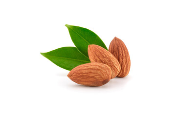 Group Almonds isolated on white .