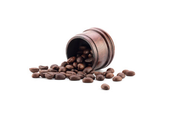 Coffee beans in wood cup isolated on white.