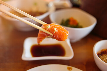 Closeup of fresh raw salmon, sushi, sashimi.