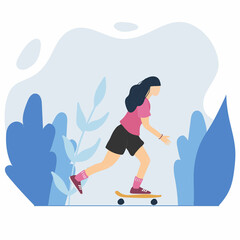Young woman on skate board. Sport lifestyle concept. girl on penny board. Vector skateboarding in flat hand-drawn style.