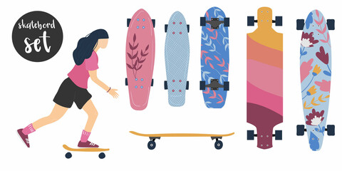 Set of skateboard and longboard icons in flat style isolated on white background. young woman on skate board. bright boards with flowers. Extreme sport. Vector illustration. © Mariya