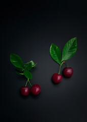 Cherries and green leaves on black background