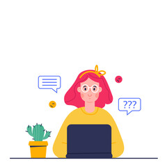 Distance study at school. Vector cartoon illustration of girl, studying by online learning with laptop. 