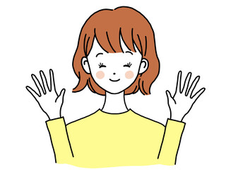 女性 笑顔 両手 手を振る 