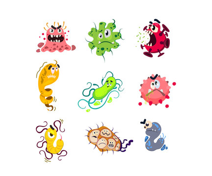 Funny cartoon germs set. Angry ugly bacteria and virus characters, funny microbes and bacillus. Vector illustration for medicine, organism, danger, epidemic concepts