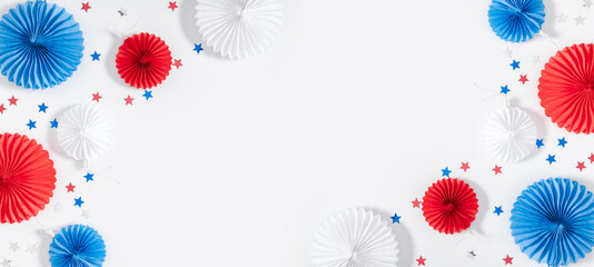 4th of July American Independence Day. Happy Independence Day. Red, blue and white star confetti,...