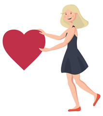 Girl holding big heart. Female character in cartoon style.
