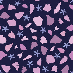 Purple pink petals flying on dark blue background of terrazzo-like texture, from the seamless vector patterns collection Autumn Bouquet.