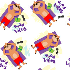 Cartoon illustration with Happy sloth lies sunbathing and the inscription good vibes on a white background. Vacation concept, summer and travel concept seamless pattern