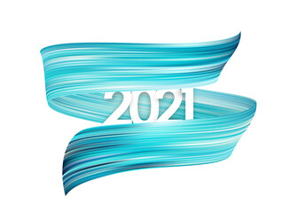 Blue brush stroke oil or acrylic paint with New Year 2021. Poster trendy design