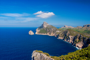 Fototapeta na wymiar Cap de Formentor with high cliffs and deep blue ocean underneath at Mallorca, Spain