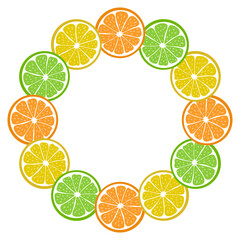 Round frame with sliced pieces of citrus fruit on white background. Bright wreath of cut orange, lemon, lime. Decoration for text. Vector illustration. Great for designs of banners, menus, packaging.