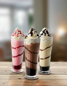 Batidos De Fresa Chocolate Y Vainilla. Strawberry Chocolate And Vanilla Milkshakes.