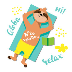 Cute summer sloth on a white background. Vector illustration. Vacation Travel Concept. Flat style