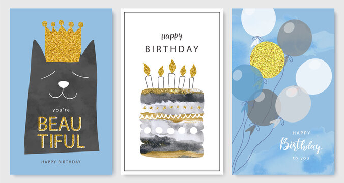 Happy birthday greeting cards and party invitation templates, hand drawn style.Vector illustration.