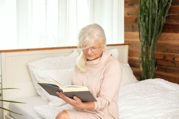 Senior woman reads, concentrated in a book.