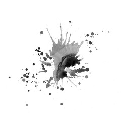 Black watercolor stains on a white background. Abstract painting, naive art. Splashes of ink.