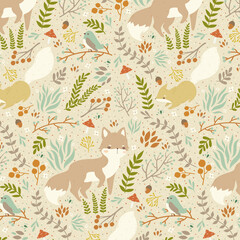 Cute baby fox pattern with different flowers, leaves and mushrooms on pastel background. Cute fox pattern for nursery room decor, posters or children textile
