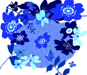 Abstract lovely blue flowers and leaves pattern background. Creative cute floral hand drawn for your design