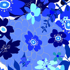 Abstract lovely blue flowers and leaves pattern background. Creative cute floral hand drawn for your design