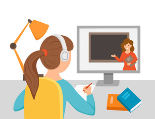 Girl studying online education at home cartoon vector illustration