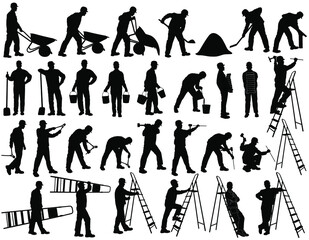 Fototapeta premium Big set of vector silhouettes of builder men in helmet isolated on white background. Icons of man working with instruments: ladder, pliers, bucket, bricks, burrow, hammer. Worker shapes.