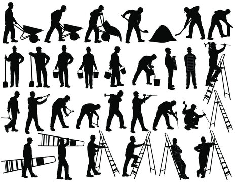 Big set of vector silhouettes of builder men in helmet isolated on white background. Icons of man working with  instruments: ladder, pliers, bucket, bricks, burrow, hammer. Worker shapes.