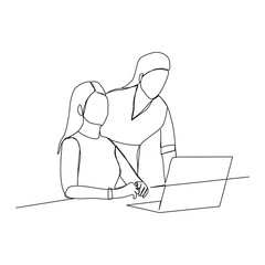 continuous line drawing of two women coworker talking something on laptop. vector illustration