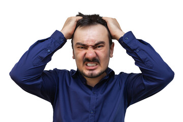 A man shouting in anger. A bankrupt businessman is tearing his hair out