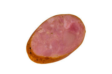 Sliced piece of smoked sausage isolated on a white background