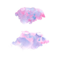 Pink haze. Ultra violet. Abstract paint spots on white background. Color watercolor stains and blots.
