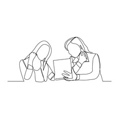 continuous line drawing of two women coworker talking something on laptop and document paper. vector illustration