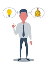 Man and Yellow Lamp overhead. Idea Generation. Creating Business Idea. New Technologies. Turn into Reality Thoughts. Vector Illustration. Reward for New Idea.