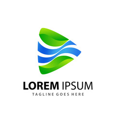 Abstract Gradient Play Media Wave Leaf Logo Design Template Premium Vector