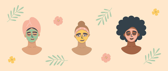 Skincare routine set. Collection of women applying facial masks. Women use organic natural homemade cosmetics. Morning beauty rituals, self care. Flat vector illustration
