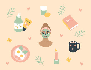 Fototapeta na wymiar Self care concept set. Morning home routine of a woman: healthy food, reading, skincare. Morning beauty rituals collection. Girl relaxes at home. Flat vector illustration