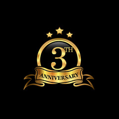 3 year anniversary celebration. Anniversary classic elegance golden color isolated on black background, vector design for celebration, invitation card, and greeting card