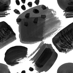 Pattern of black abstract paint stains on a white background. Watercolor, gouache, pencil, mixed media. Hand work © vaneeva
