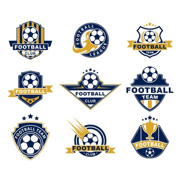Football team or club flat labels set. Soccer ball badges, circle league logo, championship stickers and emblems vector illustration collection. Sport game and soccer league concept