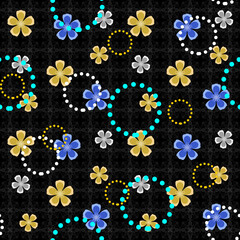 Seamless dark pattern with bright flowers and circles