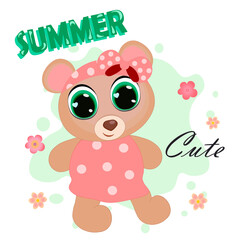 Cute baby bear cartoon dress, pink flowers having, fun with summer on background illustration vector.