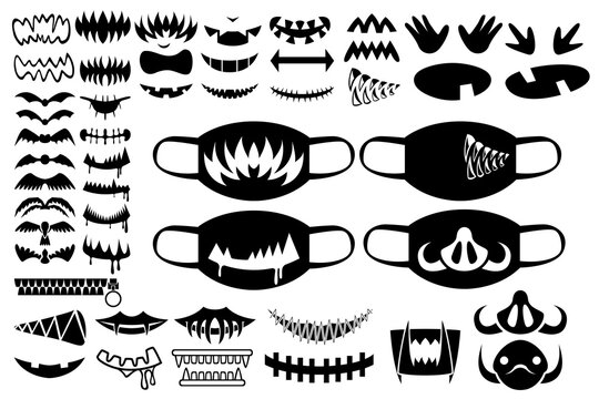Set of prints for medical masks. A huge set of different teeth, fangs, scary smiles, pig noses and bats.