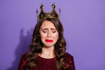 Coseup photo of attractive lady lose prom queen status crown head burst out crying feelings emotions concept wear sequins burgundy dress isolated pastel violet color background © deagreez