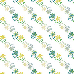 Modern hand drawn flowers seamless vector pattern background. Diagonal rows of painterly flowers with offset color on white backdrop. Geometric botanical design. All over print for beauty packaging