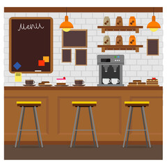Interior of a cozy cafe. Family coffee shop with treats for a pleasant stay. Vector illustration.