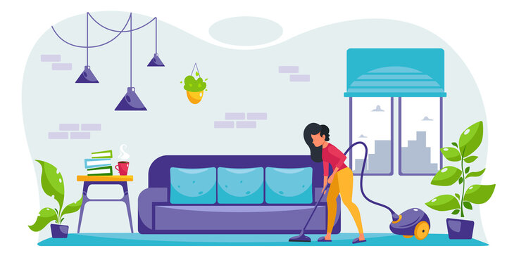 Room cleaning woman in house poster Royalty Free Vector